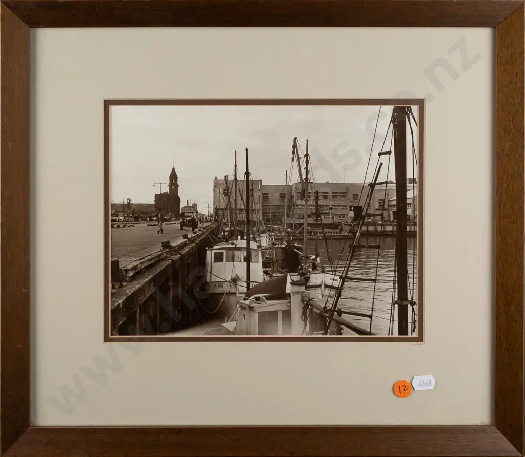 framed vintage Whites Aviation black and white photograph - fishing boats at market wharves, Auckland H175 W230 Image 1++