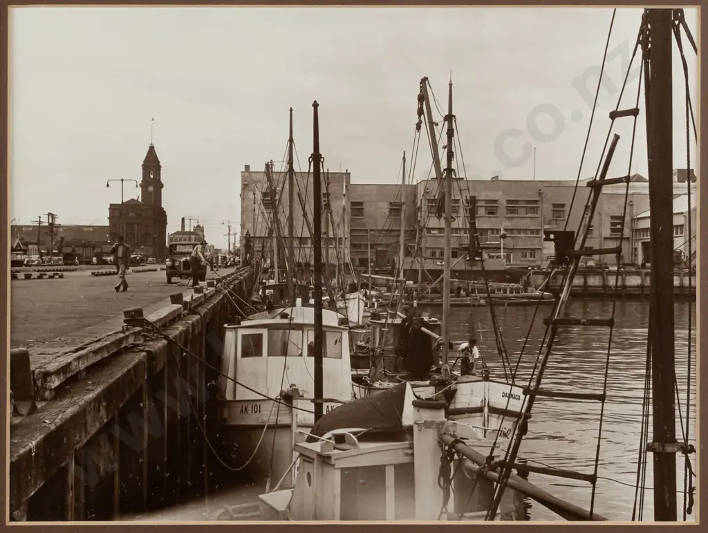 framed vintage Whites Aviation black and white photograph - fishing boats at market wharves, Auckland H175 W230 Image 1++
