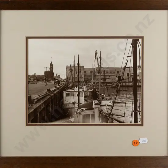 framed vintage Whites Aviation black and white photograph - fishing boats at market wharves, Auckland H175 W230