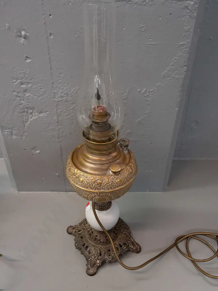 vintage Miller USA kerosene lamp with cast metal and ceramic base, converted to electric bulb, glass chimney sits loose Image 1++