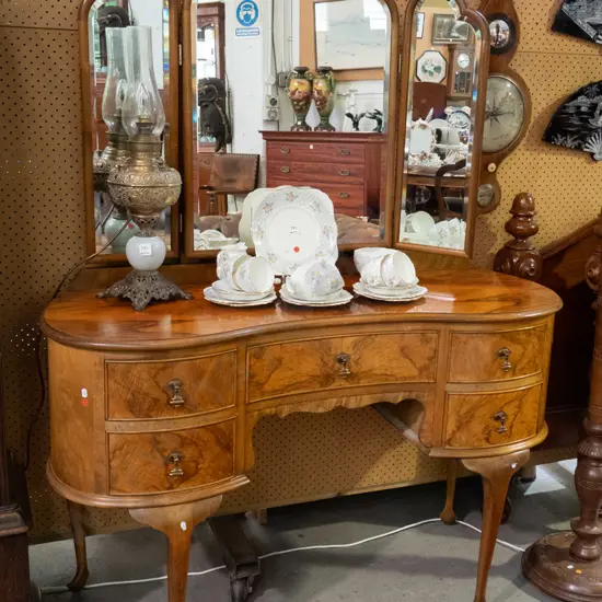 vintage walnut veneer cab leg kidney shaped dressing table with shaped bevelled edge 3 panel mirror top, 5 drawers