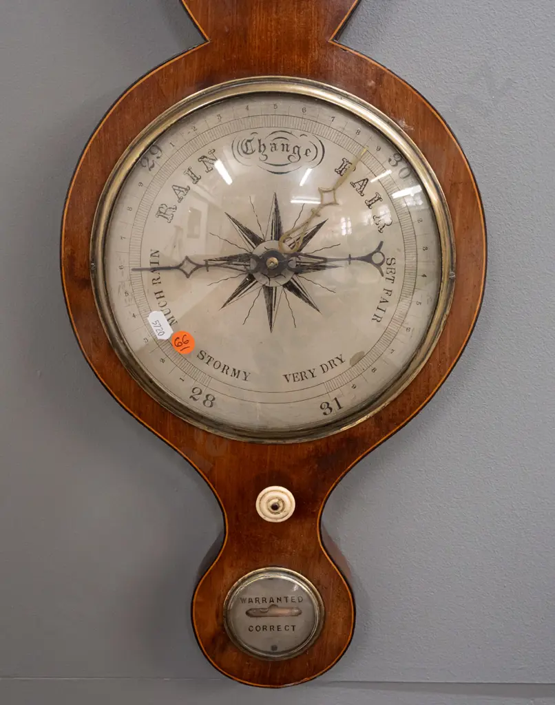 restorer's antique Georgian wall-hanging barometer-thermometer with silvered dial, small convex mirror, mercury filled Image 1++