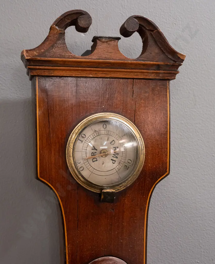 restorer's antique Georgian wall-hanging barometer-thermometer with silvered dial, small convex mirror, mercury filled Image 1++