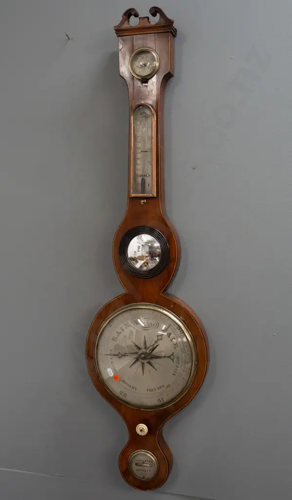 restorer's antique Georgian wall-hanging barometer-thermometer with silvered dial, small convex mirror, mercury filled Image 1++