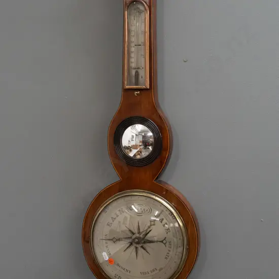 restorer's antique Georgian wall-hanging barometer-thermometer with silvered dial, small convex mirror, mercury filled