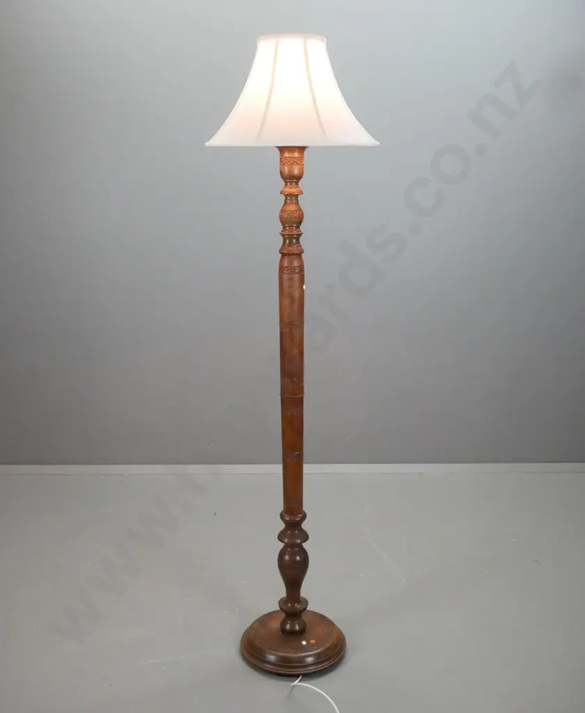 turned hardwood standard lamp with bands of carved decoration on column and circular stepped base H-1880 Base D-360 Image 1++