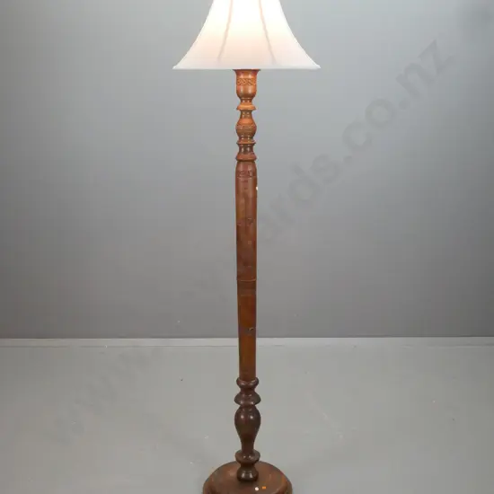 turned hardwood standard lamp with bands of carved decoration on column and circular stepped base H-1880 Base D-360