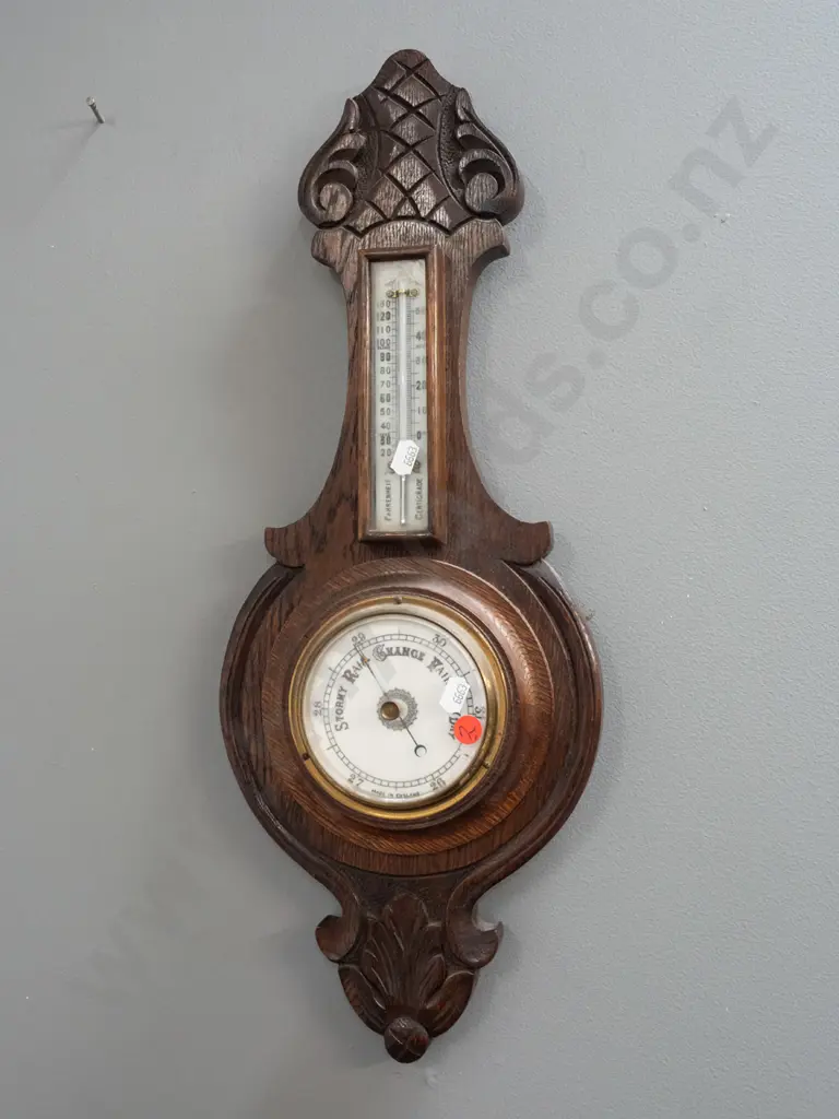 vintage oak cased wall barometer with mercury filled thermometer, porcelain dial, marked Made in England H-520 W-200 Image 1++