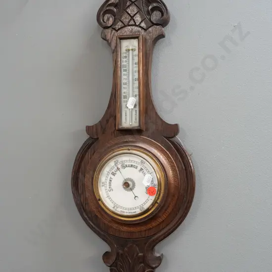 vintage oak cased wall barometer with mercury filled thermometer, porcelain dial, marked Made in England H-520 W-200