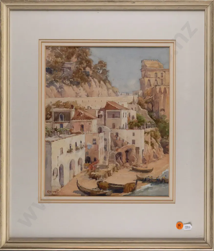 C Howorth - framed watercolour "Citard - Gulf of Salerno. The Ancient Saracen Fort" H290 W240 Image 1++