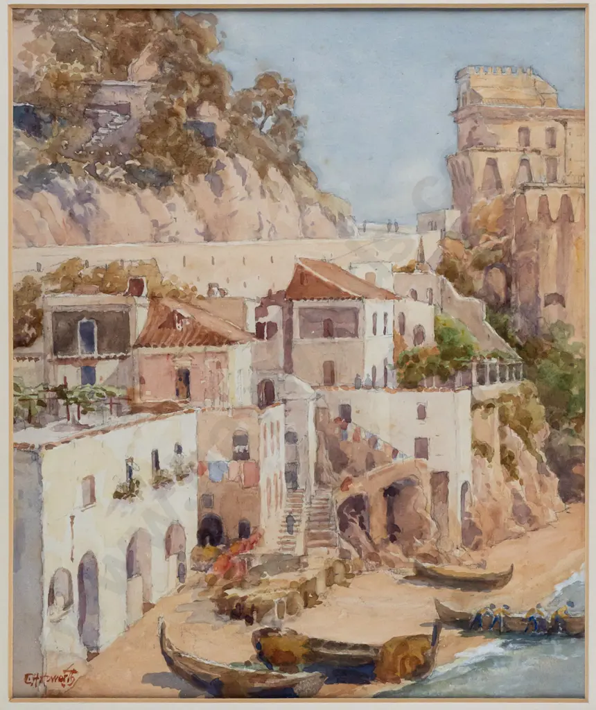 C Howorth - framed watercolour "Citard - Gulf of Salerno. The Ancient Saracen Fort" H290 W240 Image 1++