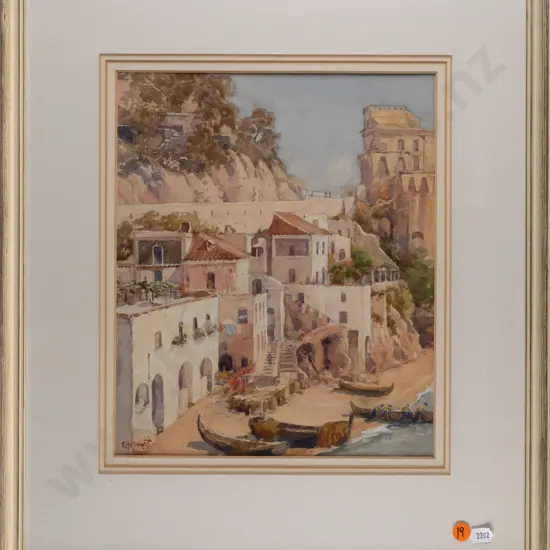 C Howorth - framed watercolour "Citard - Gulf of Salerno. The Ancient Saracen Fort" H290 W240