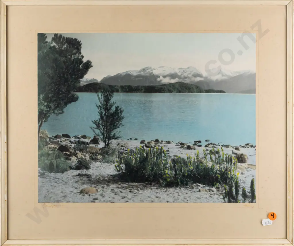 Whites Aviation -- framed hand-coloured photograph "No. 53352 Manapouri" H-290 W-370 [foxing, discolouration] Image 1++