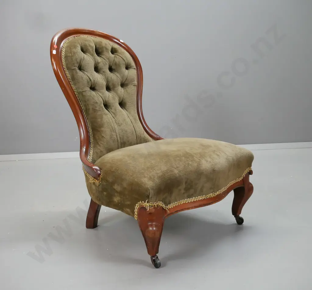 Victorian cedar nursing chair, olive green velvet deep button back, cab leg, casters on front, back slightly loose, some Image 1++