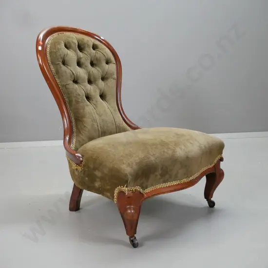 Victorian cedar nursing chair, olive green velvet deep button back, cab leg, casters on front, back slightly loose, some