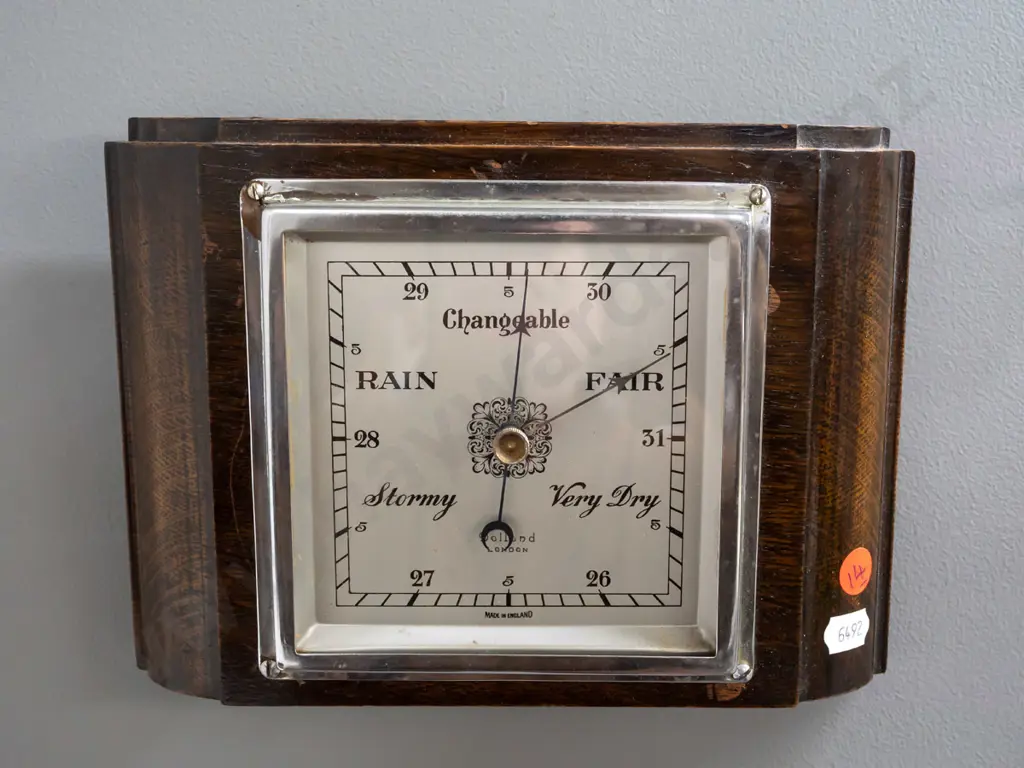 deco style oak-cased wall barometer with chrome bezel, silvered face marked Dolland London H-170 W-230 Image 1++