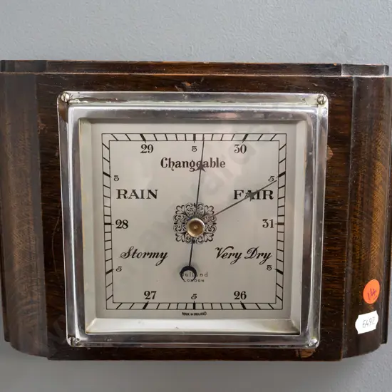 deco style oak-cased wall barometer with chrome bezel, silvered face marked Dolland London H-170 W-230