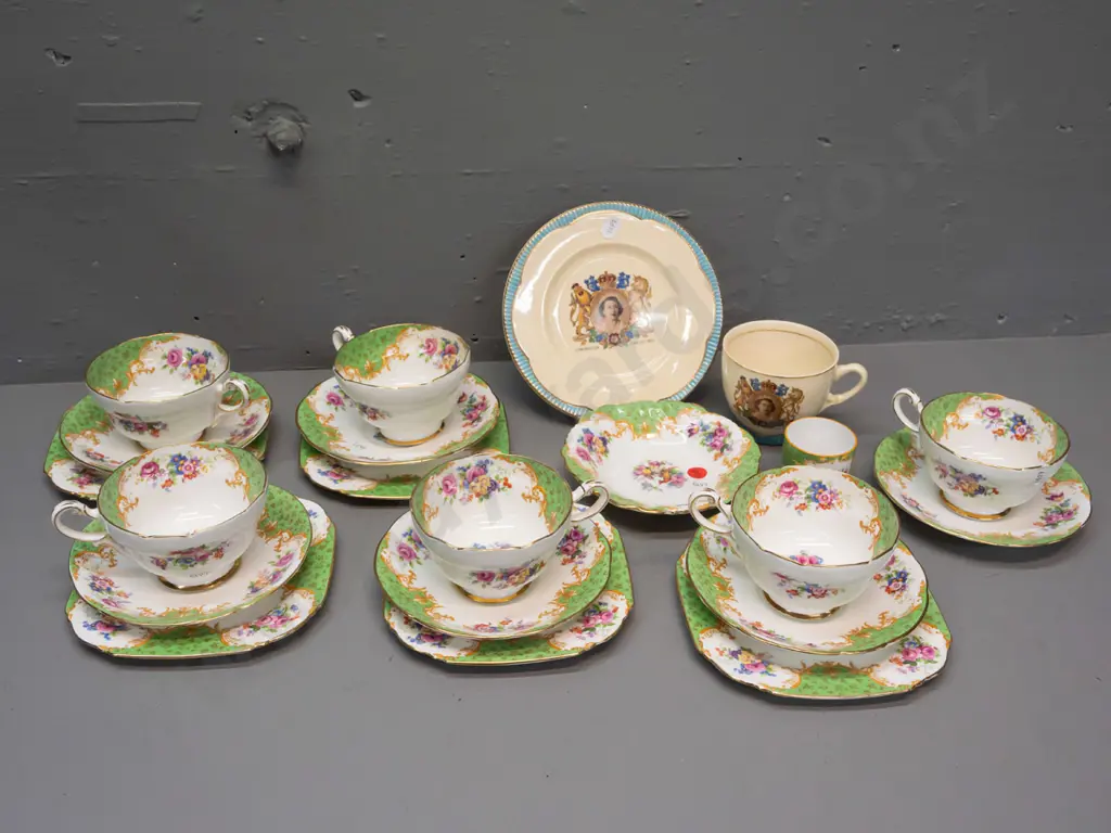 vintage tea ware - Paragon "Rockingham" 5 trios, 1 cup & saucer and butter dish, Clarice Cliff Newport 1953 QEII cup & Image 1++