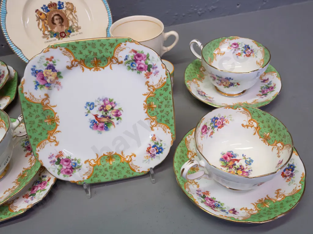 vintage tea ware - Paragon "Rockingham" 5 trios, 1 cup & saucer and butter dish, Clarice Cliff Newport 1953 QEII cup & Image 1++