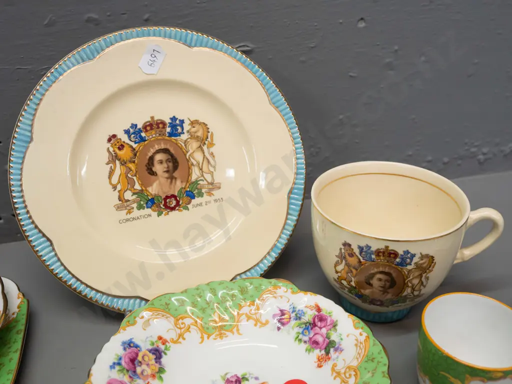 vintage tea ware - Paragon "Rockingham" 5 trios, 1 cup & saucer and butter dish, Clarice Cliff Newport 1953 QEII cup & Image 1++