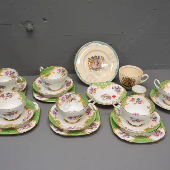 vintage tea ware - Paragon "Rockingham" 5 trios, 1 cup & saucer and butter dish, Clarice Cliff Newport 1953 QEII cup &