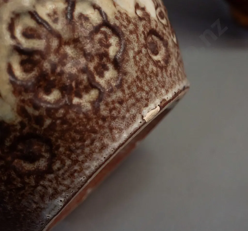 2 German pottery vases with embossed decoration - large handled jug vase has small glaze faults, one at bottom rim and Image 1++