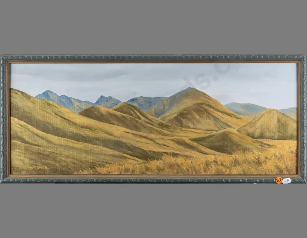 P A Lawrence -- framed oil on board "Dansey's Pass Central Otago" H-225 W-595 Image 1++