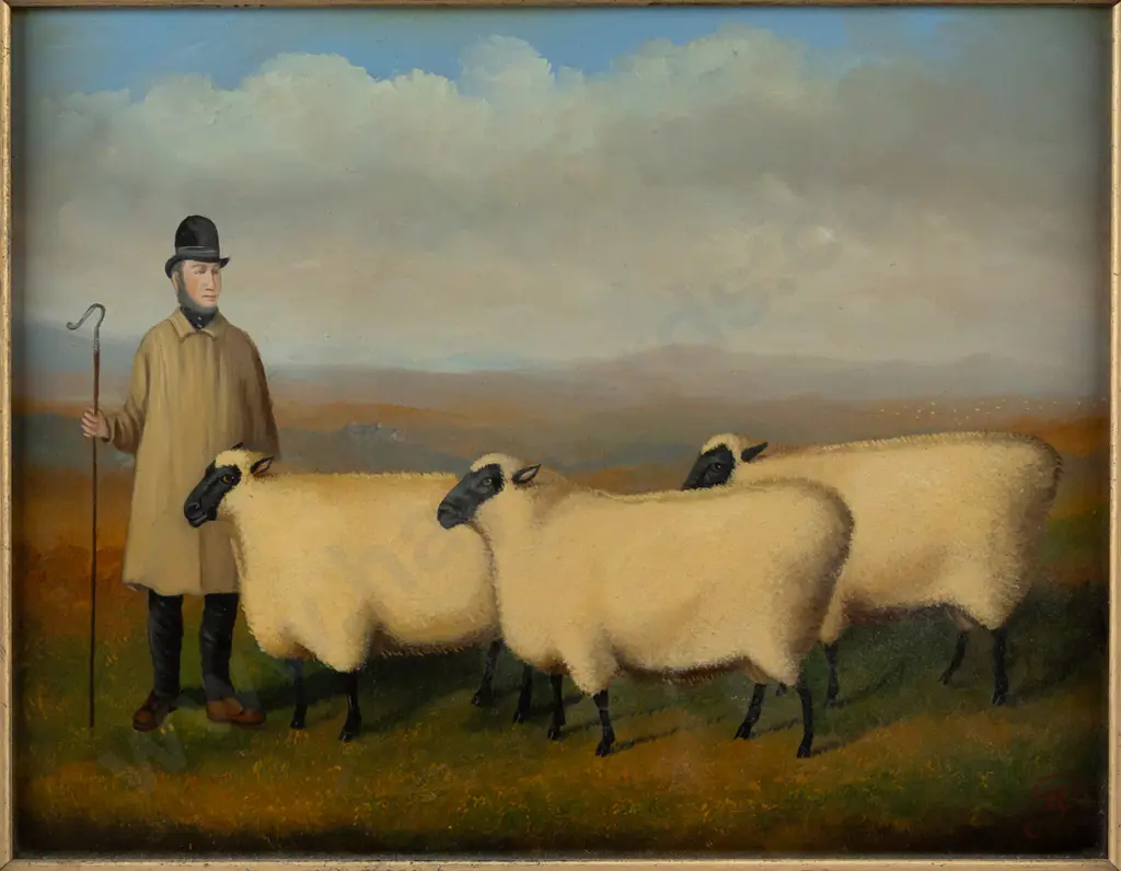 Anthony Skuse (Bristol) - framed oil on board - shepherd and sheep H190 W245 Image 1++