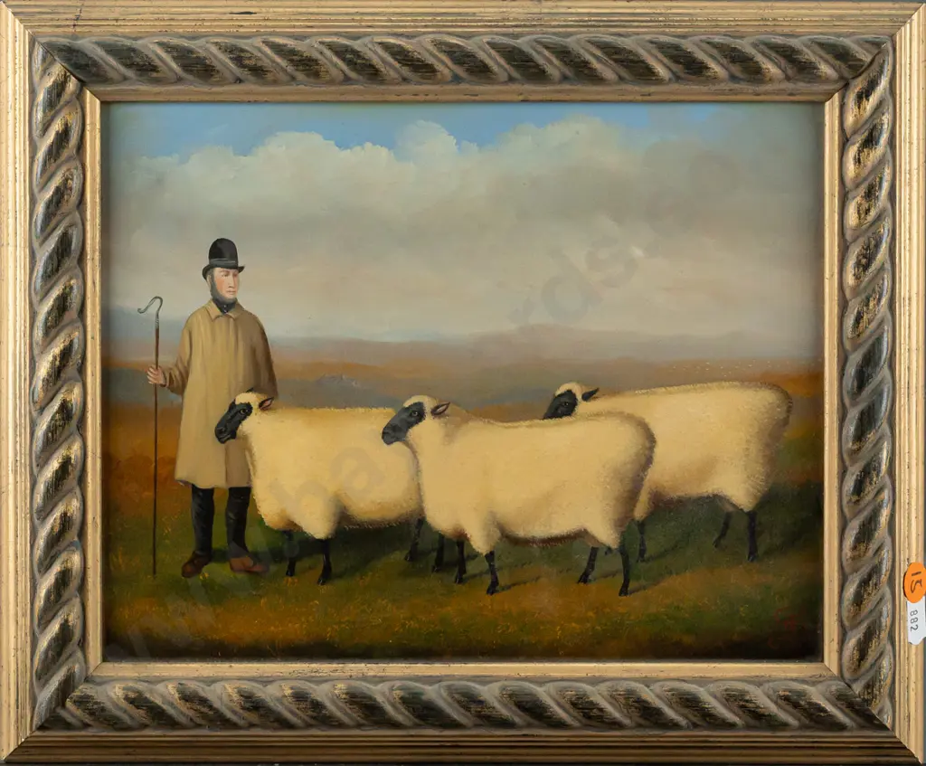 Anthony Skuse (Bristol) - framed oil on board - shepherd and sheep H190 W245 Image 1++