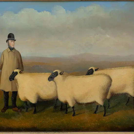 Anthony Skuse (Bristol) - framed oil on board - shepherd and sheep H190 W245