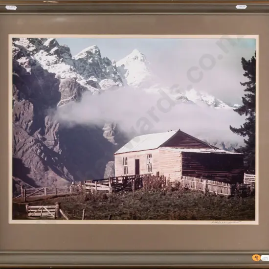 Matheson Beaumont framed photograph "Wool Shed Lake Johnson" [small spot of discolouration at centre] H-300 W-400