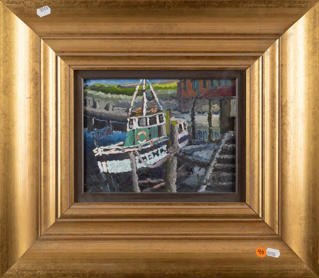 Justin Morshuis -- oil on stretched canvas on wide gilt frame, fishing boat at dock, H-145 W-195 Image 1++