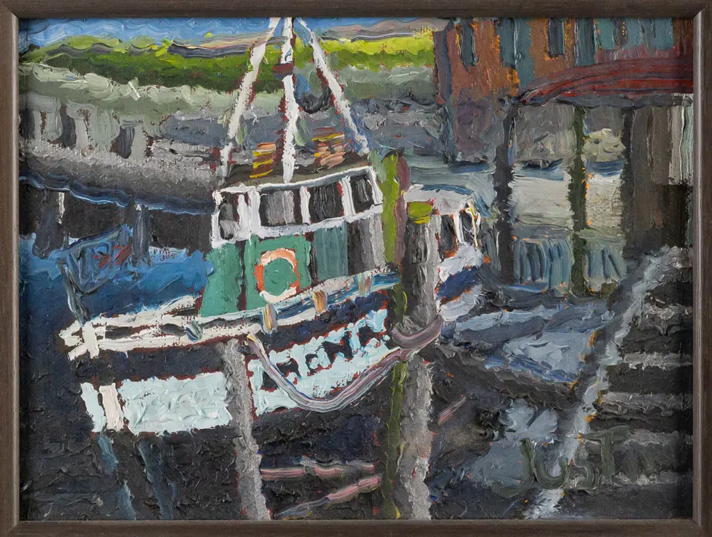 Justin Morshuis -- oil on stretched canvas on wide gilt frame, fishing boat at dock, H-145 W-195 Image 1++