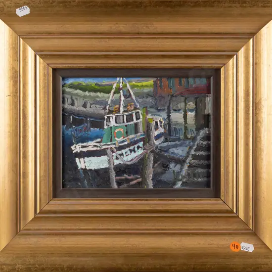 Justin Morshuis -- oil on stretched canvas on wide gilt frame, fishing boat at dock, H-145 W-195