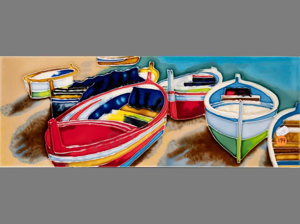 Glazed ceramic tile, colourful dinghies. H-150 W-400 Image 1++