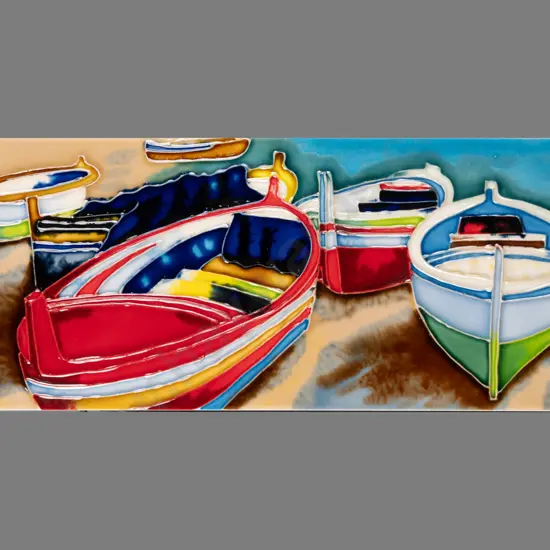 Glazed ceramic tile, colourful dinghies. H-150 W-400