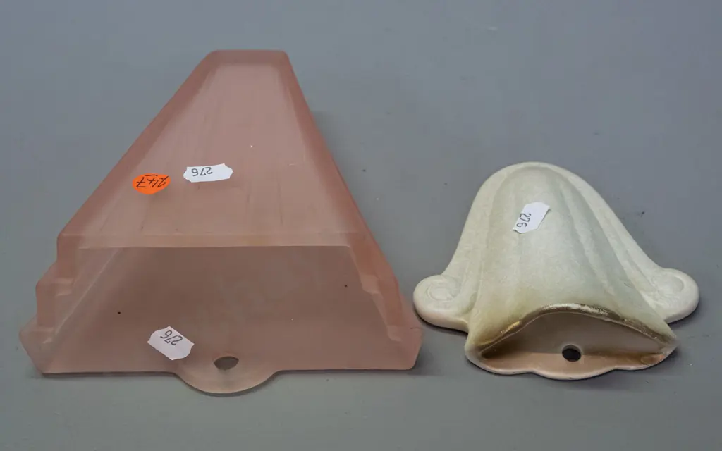 2 vintage wall pocket vases - Crown Lynn marked ".465." and deco style frosted pink glass - Crown Lynn has wear to gilt Image 1++