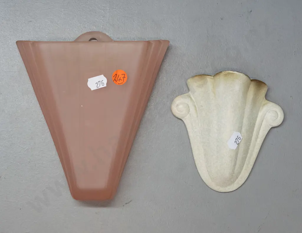 2 vintage wall pocket vases - Crown Lynn marked ".465." and deco style frosted pink glass - Crown Lynn has wear to gilt Image 1++