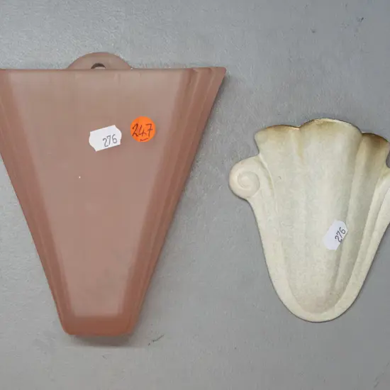 2 vintage wall pocket vases - Crown Lynn marked ".465." and deco style frosted pink glass - Crown Lynn has wear to gilt