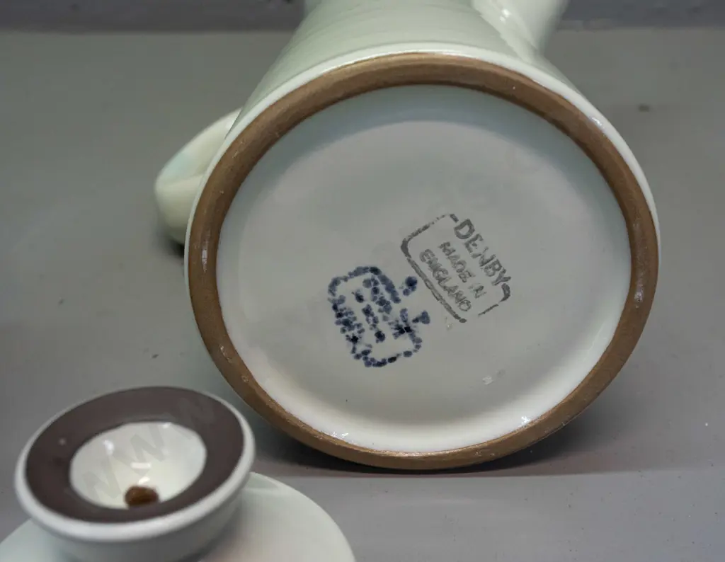 retro Denby coffee set with coffee pot H-320, 6 cups / mugs, cream & sugar - some glaze fretting on rim of coffee pot Image 1++