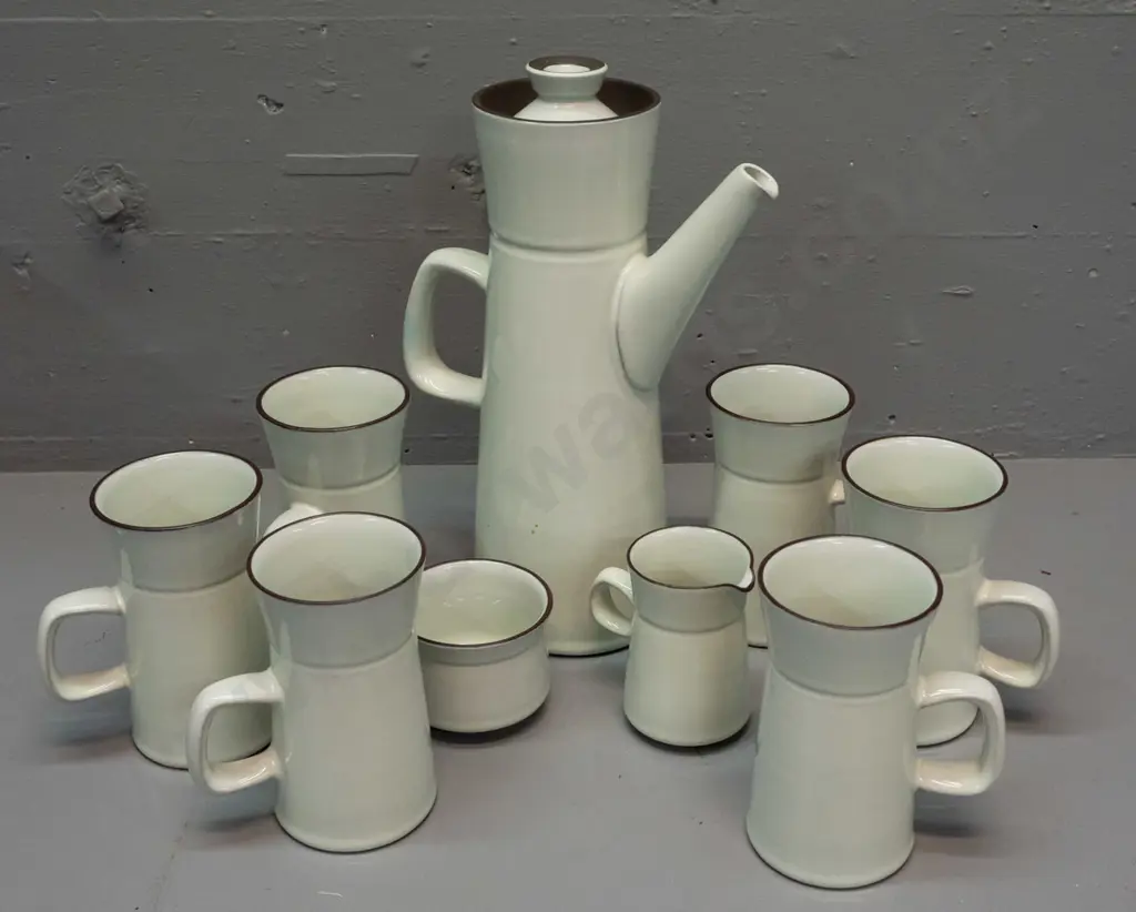 retro Denby coffee set with coffee pot H-320, 6 cups / mugs, cream & sugar - some glaze fretting on rim of coffee pot Image 1++