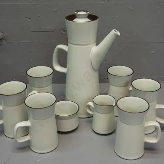 retro Denby coffee set with coffee pot H-320, 6 cups / mugs, cream & sugar - some glaze fretting on rim of coffee pot