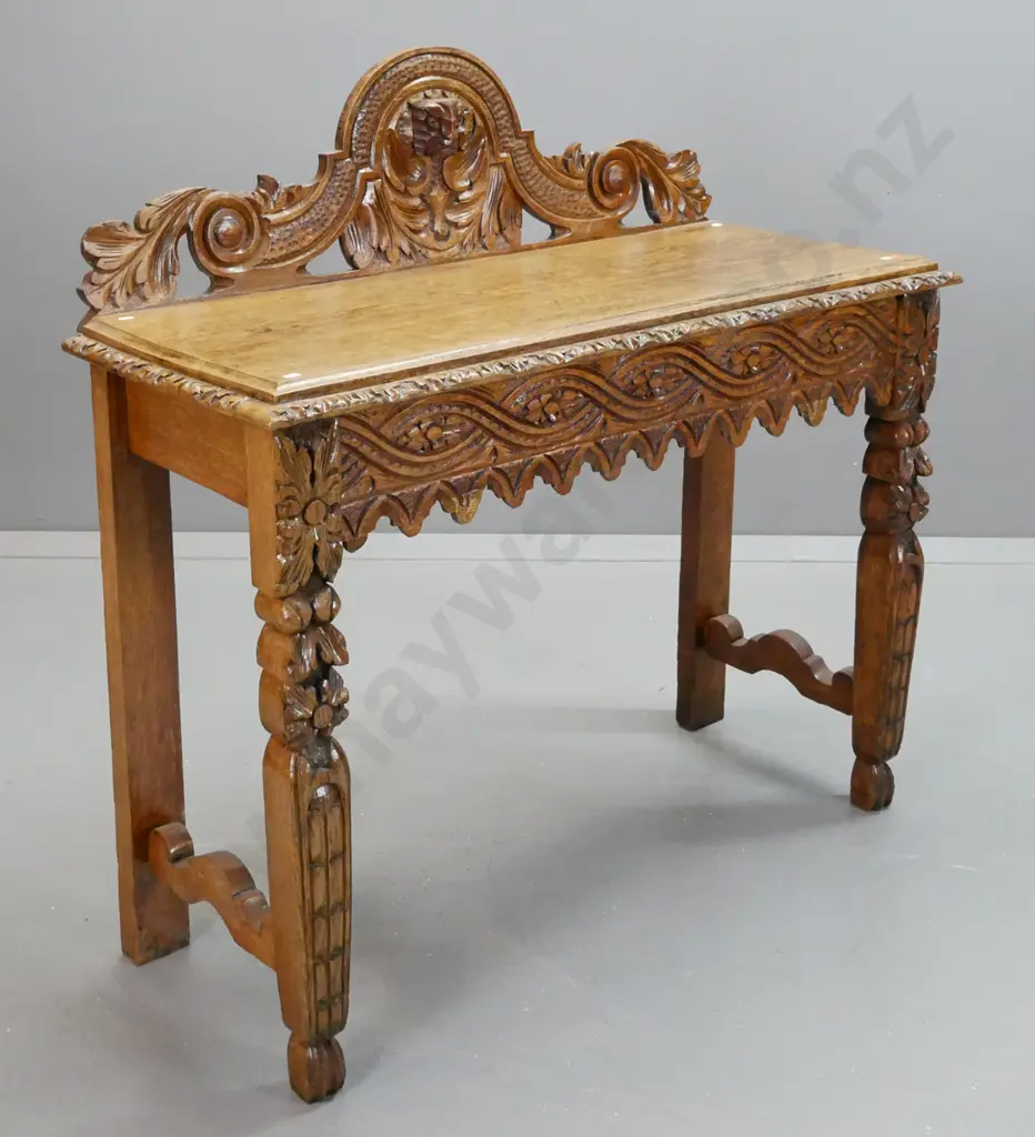 vintage rustically-carved oak side table with carved crested back and frieze, square tapered legs & shaped supports - Image 1++