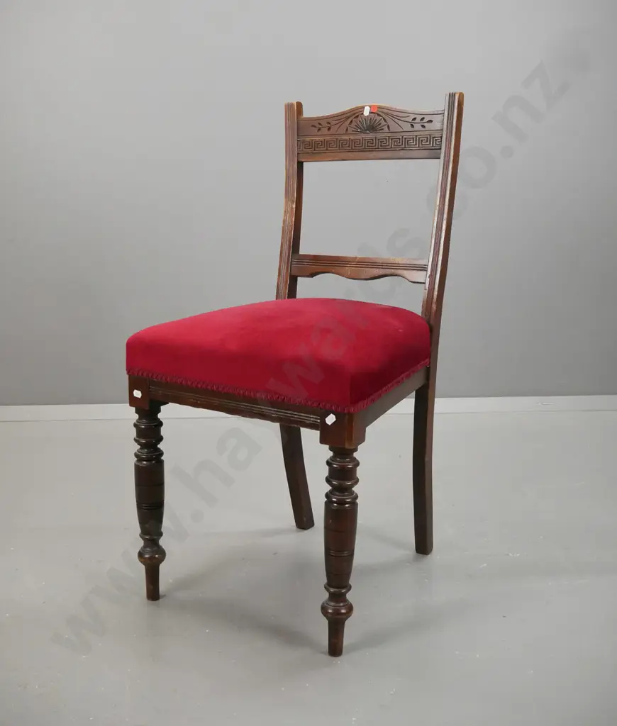 Edwardian beech side chair with shaped carved back, red velvet upholstered seat and back, some wear Image 1++