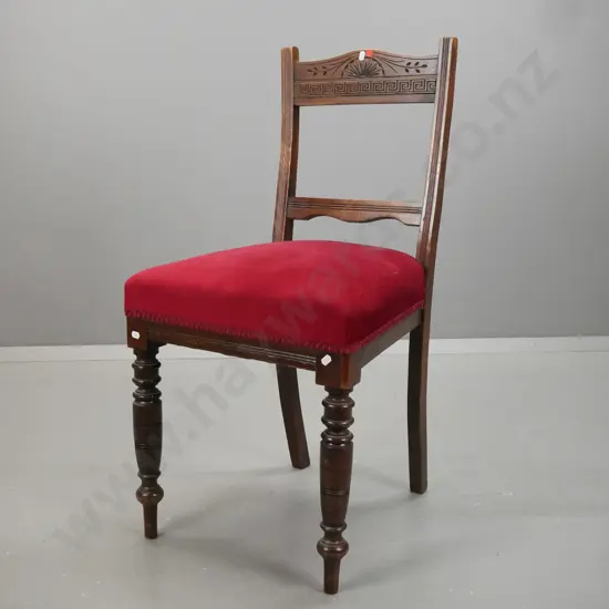 Edwardian beech side chair with shaped carved back, red velvet upholstered seat and back, some wear