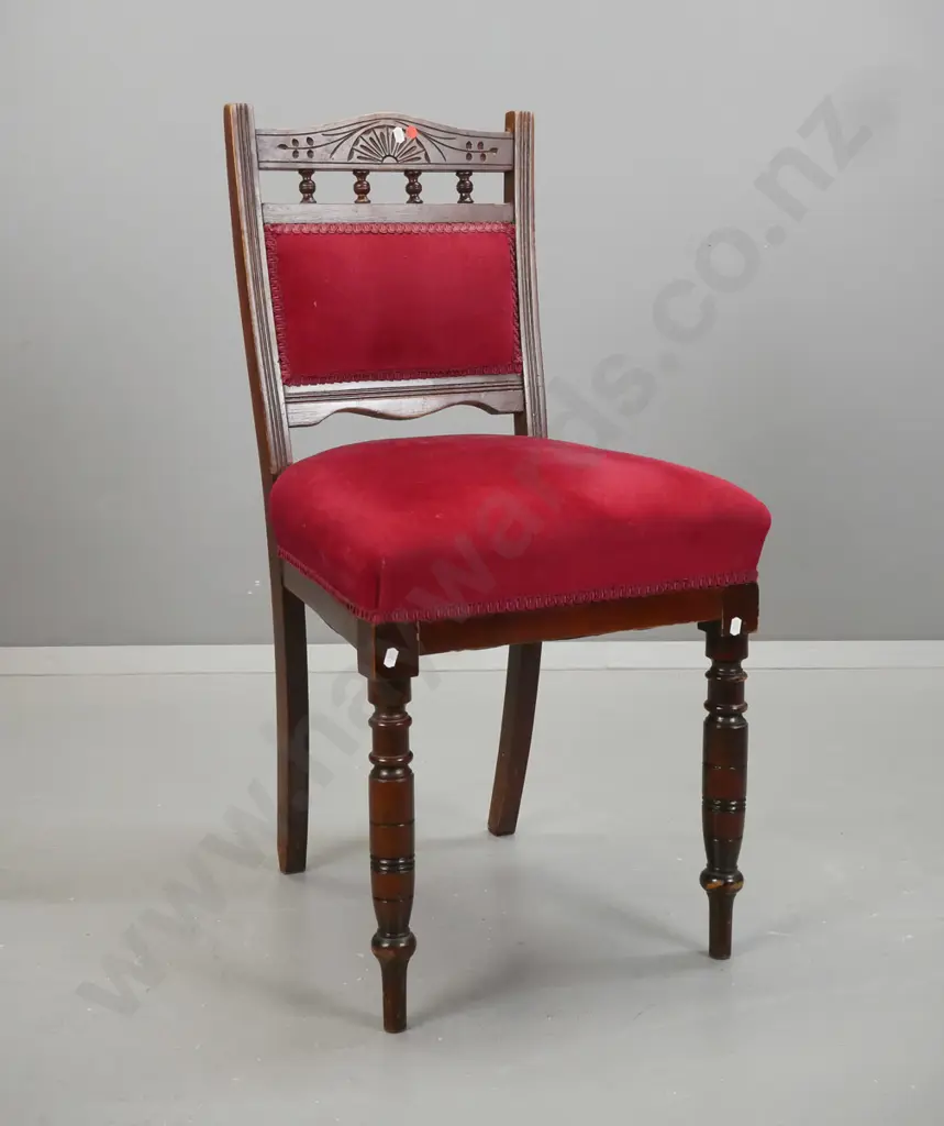 Edwardian beech side chair with shaped back w/ turned pin gallery, red velvet upholstered seat and back, some wear Image 1++