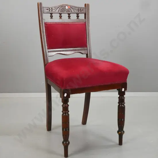 Edwardian beech side chair with shaped back w/ turned pin gallery, red velvet upholstered seat and back, some wear