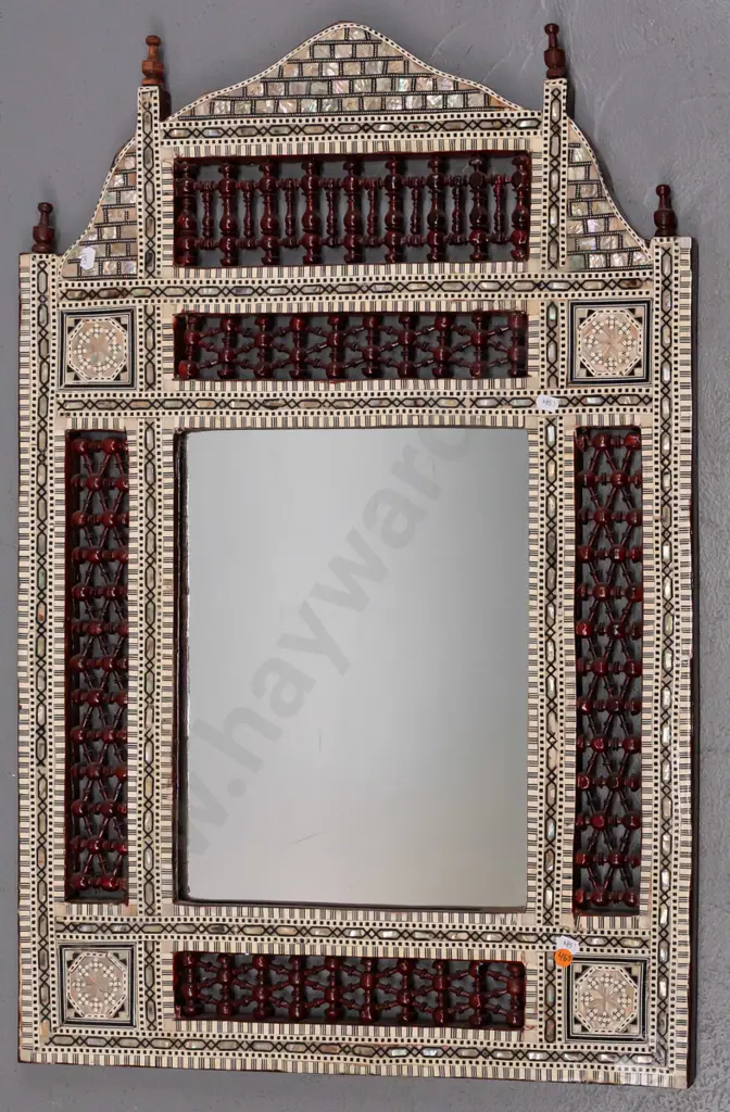 Mirror -- Egyptian turned wood and inlaid shell mosaic ornate frame, mirror H-375 W-280 Image 1++