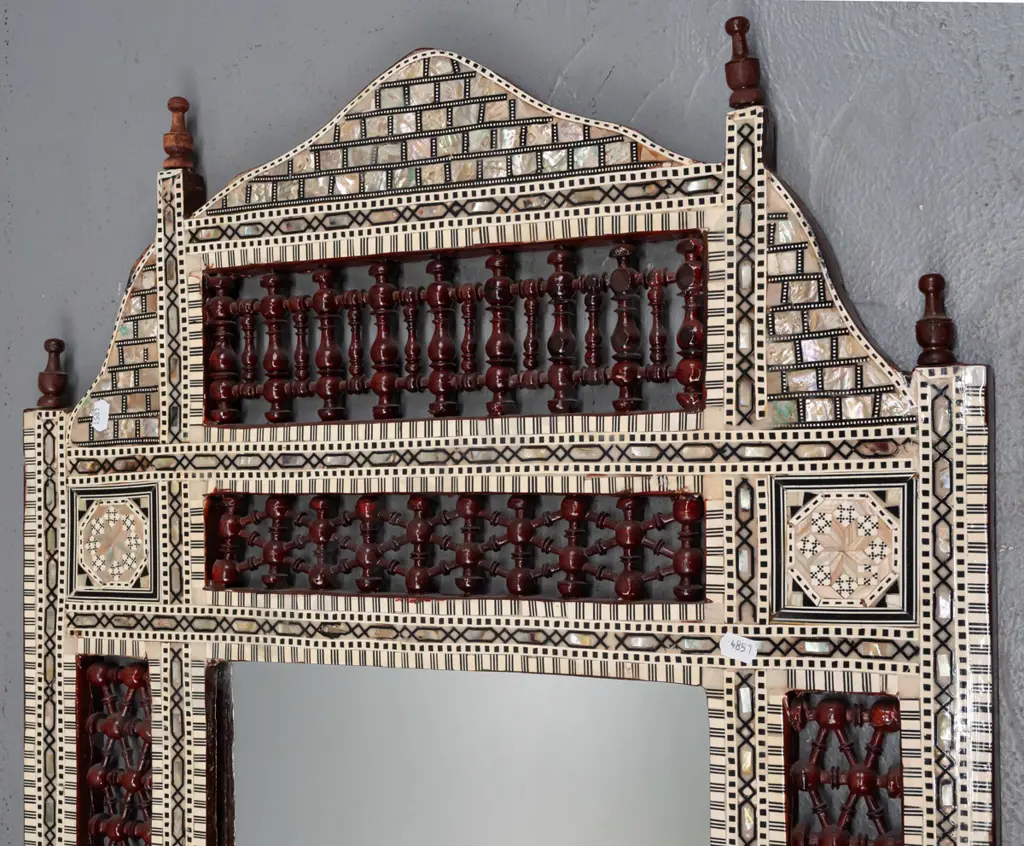 Mirror -- Egyptian turned wood and inlaid shell mosaic ornate frame, mirror H-375 W-280 Image 1++