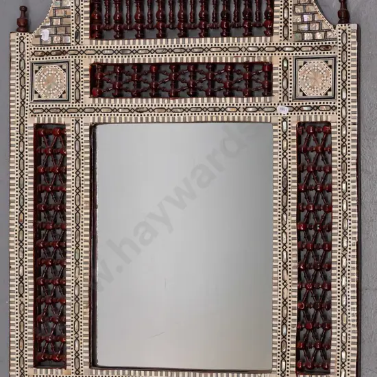 Mirror -- Egyptian turned wood and inlaid shell mosaic ornate frame, mirror H-375 W-280